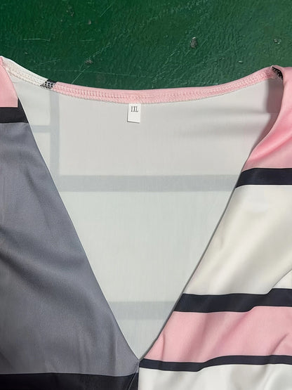 Plus Size elegant Blouse, Women's Plus Colorblock Geometric Print Lantern Sleeve V Neck Ruched Side Top - Renee Lane Company