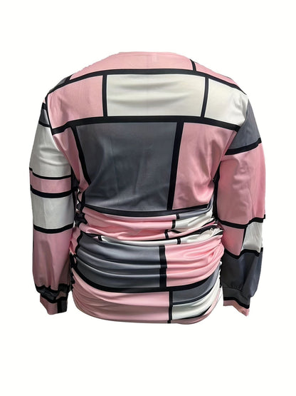 Plus Size elegant Blouse, Women's Plus Colorblock Geometric Print Lantern Sleeve V Neck Ruched Side Top - Renee Lane Company