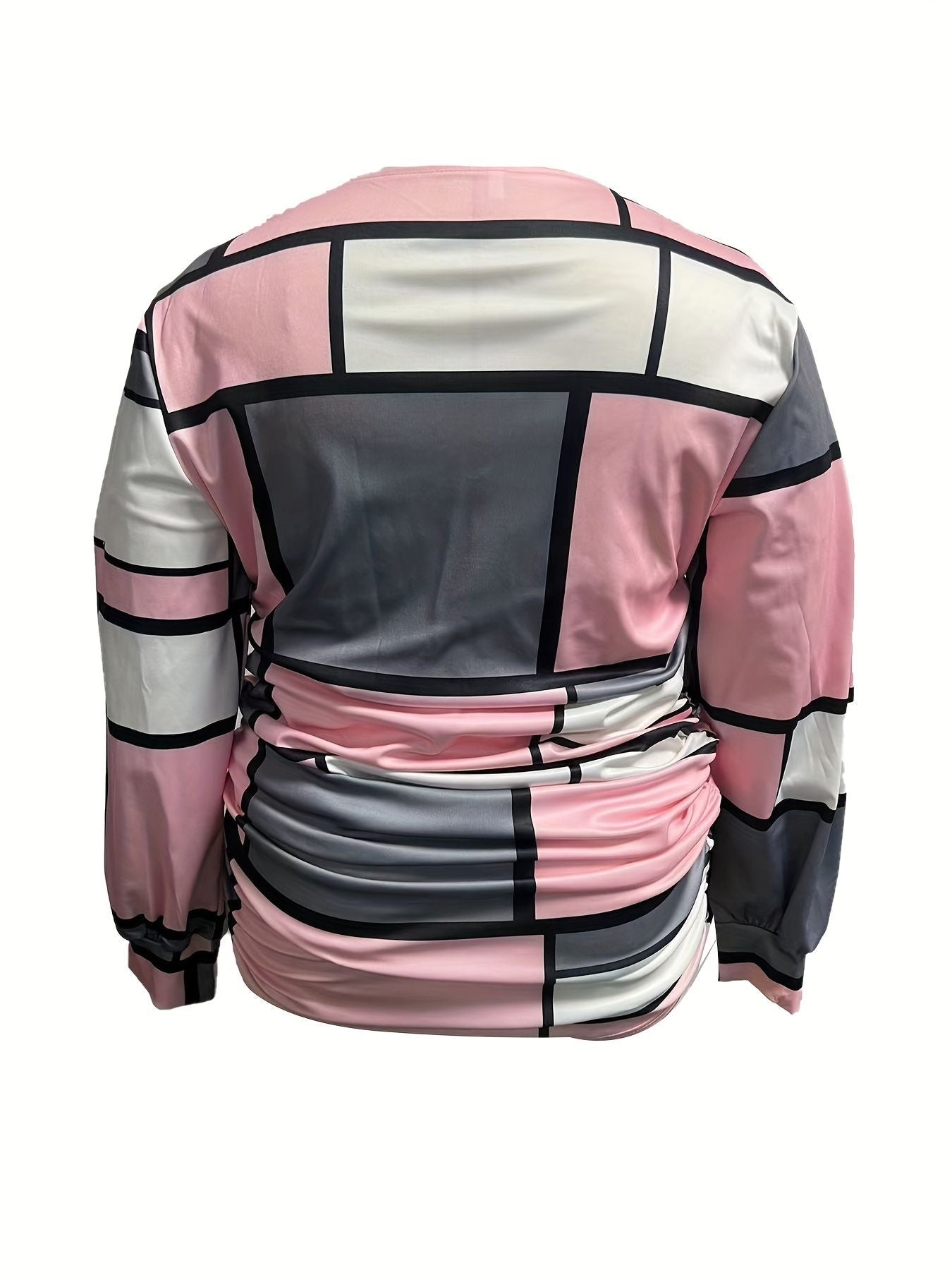 Plus Size elegant Blouse, Women's Plus Colorblock Geometric Print Lantern Sleeve V Neck Ruched Side Top - Renee Lane Company