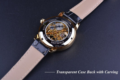 Men watch case back, gold bezel, tan leather strap with transparent back