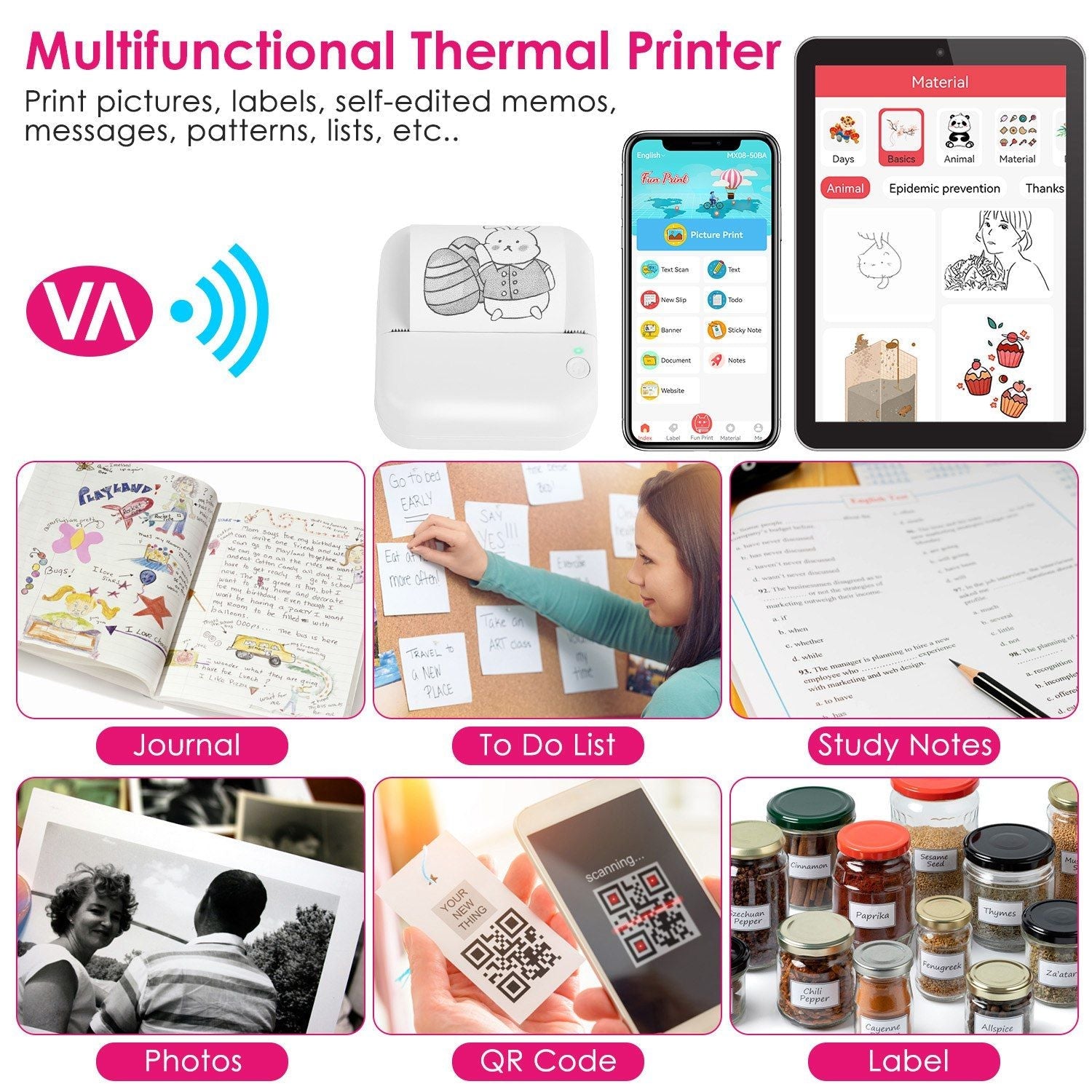 Pocket Wireless Thermal Printer Portable Mini Sticker Maker Machine Rechargeable Inkless Photo Printer for Printing Label Journal Study Notes Memo Photos - Renee Lane Company