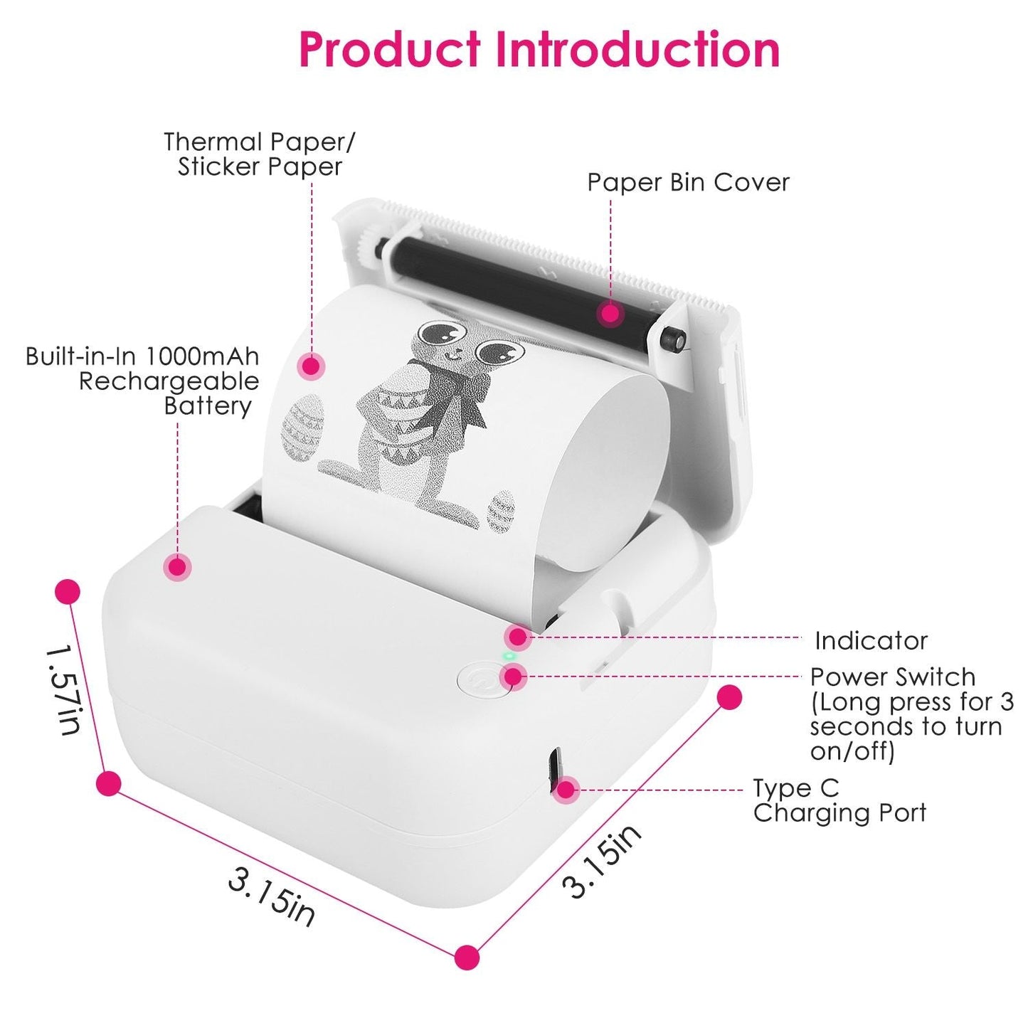 Pocket Wireless Thermal Printer Portable Mini Sticker Maker Machine Rechargeable Inkless Photo Printer for Printing Label Journal Study Notes Memo Photos - Renee Lane Company