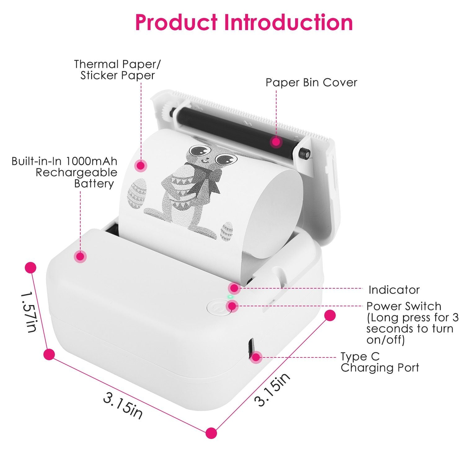Pocket Wireless Thermal Printer Portable Mini Sticker Maker Machine Rechargeable Inkless Photo Printer for Printing Label Journal Study Notes Memo Photos - Renee Lane Company
