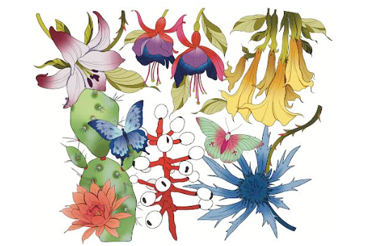 Kids temporary tattoo sleeve sheet with blue flowers, green moths, and red blossoms