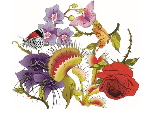 Kids temporary tattoo sleeve sheet with purple flowers, red rose, and butterfly