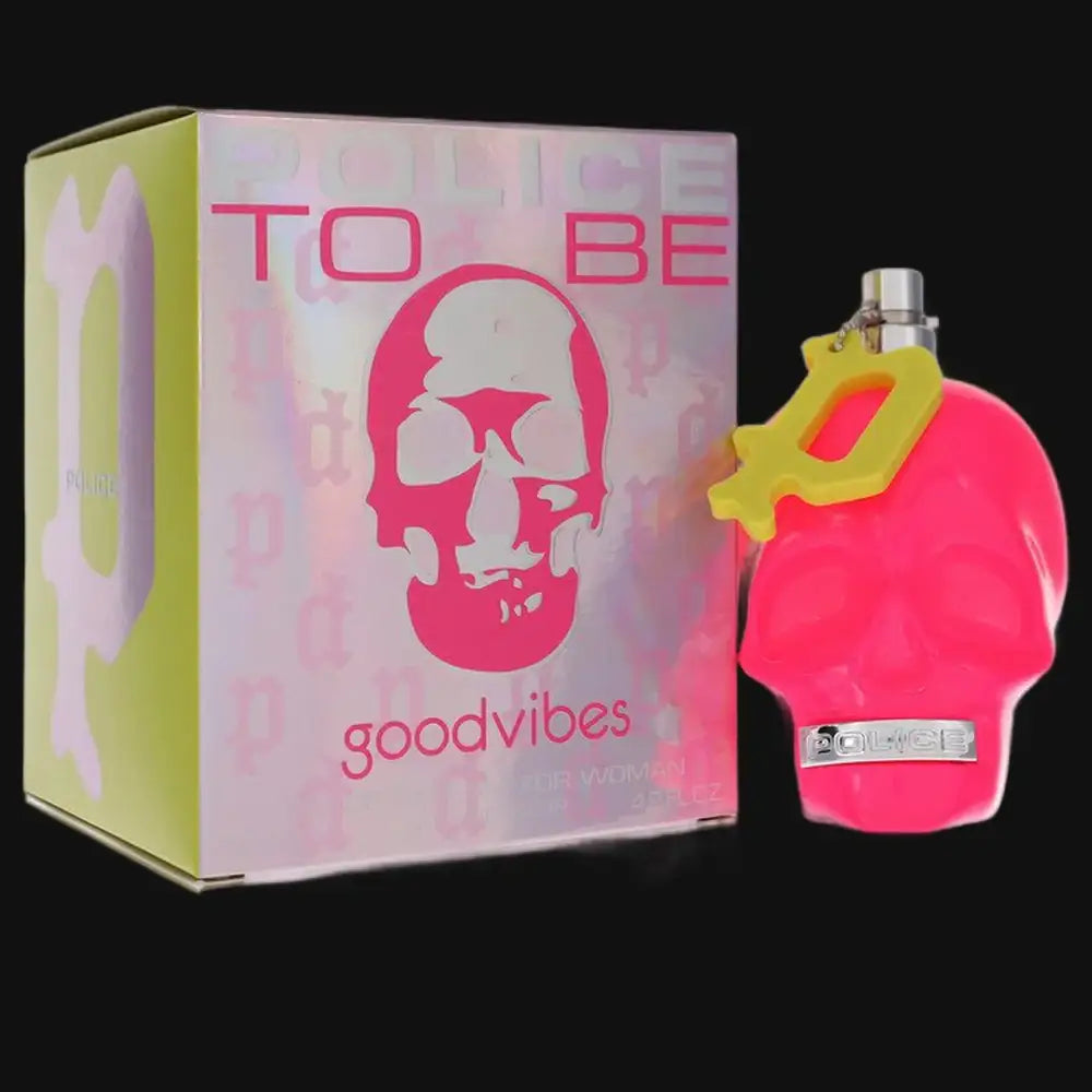 Women's perfume bottle and box, pink with yellow cap, purple label artwork