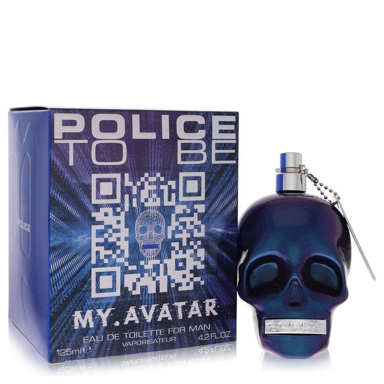 Men's eau de toilette spray with dark blue skull design bottle and box