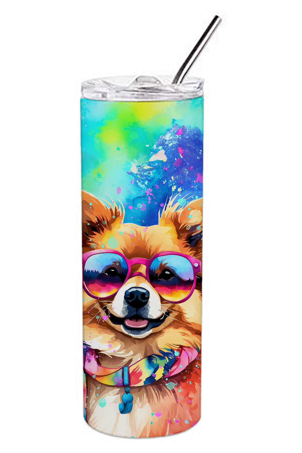 Pomeranian Hippie Dawg Stainless Steel Skinny Tumbler Vacuum Double Walled Reusable Insulated Tumbler Travel Cup for Coffee Cocktails Gift with Lid, 20 oz - Renee Lane Company