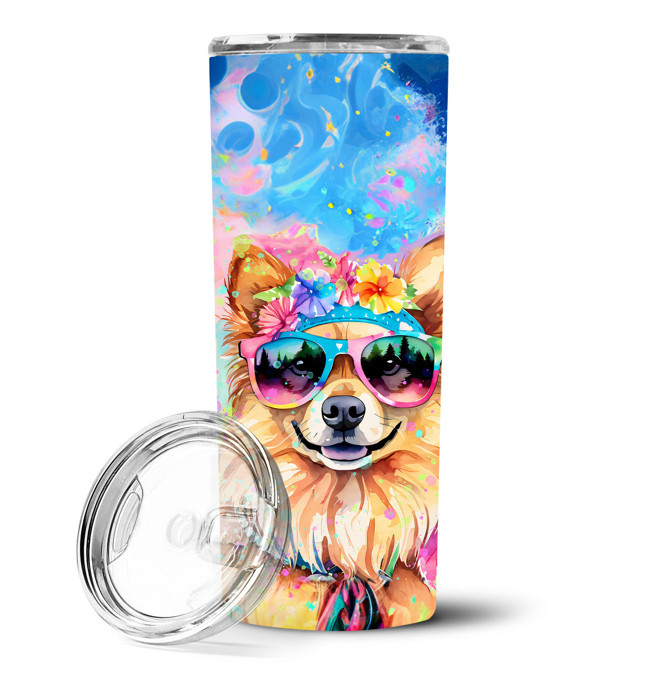 Pomeranian Hippie Dawg Stainless Steel Skinny Tumbler Vacuum Double Walled Reusable Insulated Tumbler Travel Cup for Coffee Cocktails Gift with Lid, 20 oz - Renee Lane Company