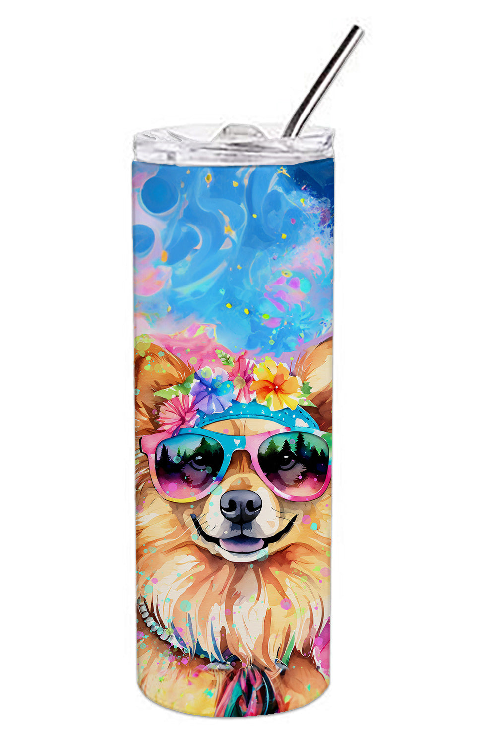 Pomeranian Hippie Dawg Stainless Steel Skinny Tumbler Vacuum Double Walled Reusable Insulated Tumbler Travel Cup for Coffee Cocktails Gift with Lid, 20 oz - Renee Lane Company