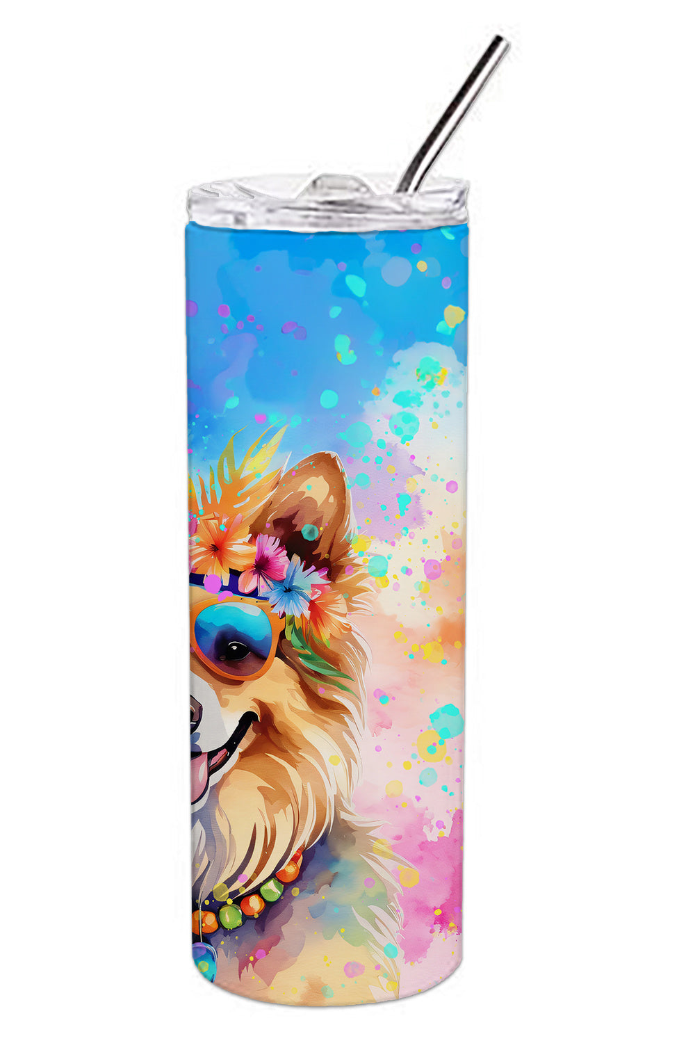 Pomeranian Hippie Dawg Stainless Steel Skinny Tumbler Vacuum Double Walled Reusable Insulated Tumbler Travel Cup for Coffee Cocktails Gift with Lid, 20 oz - Renee Lane Company