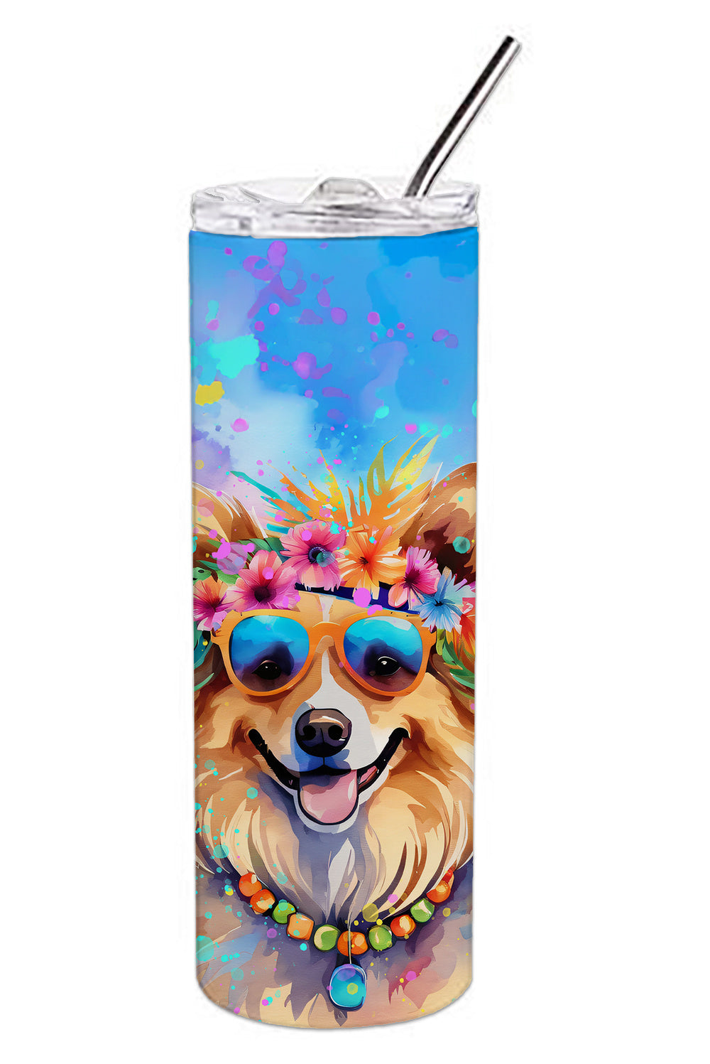 Pomeranian Hippie Dawg Stainless Steel Skinny Tumbler Vacuum Double Walled Reusable Insulated Tumbler Travel Cup for Coffee Cocktails Gift with Lid, 20 oz - Renee Lane Company