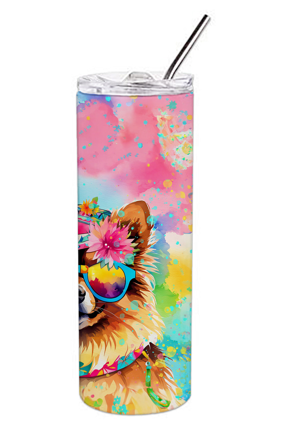 Pomeranian Hippie Dawg Stainless Steel Skinny Tumbler Vacuum Double Walled Reusable Insulated Tumbler Travel Cup for Coffee Cocktails Gift with Lid, 20 oz - Renee Lane Company