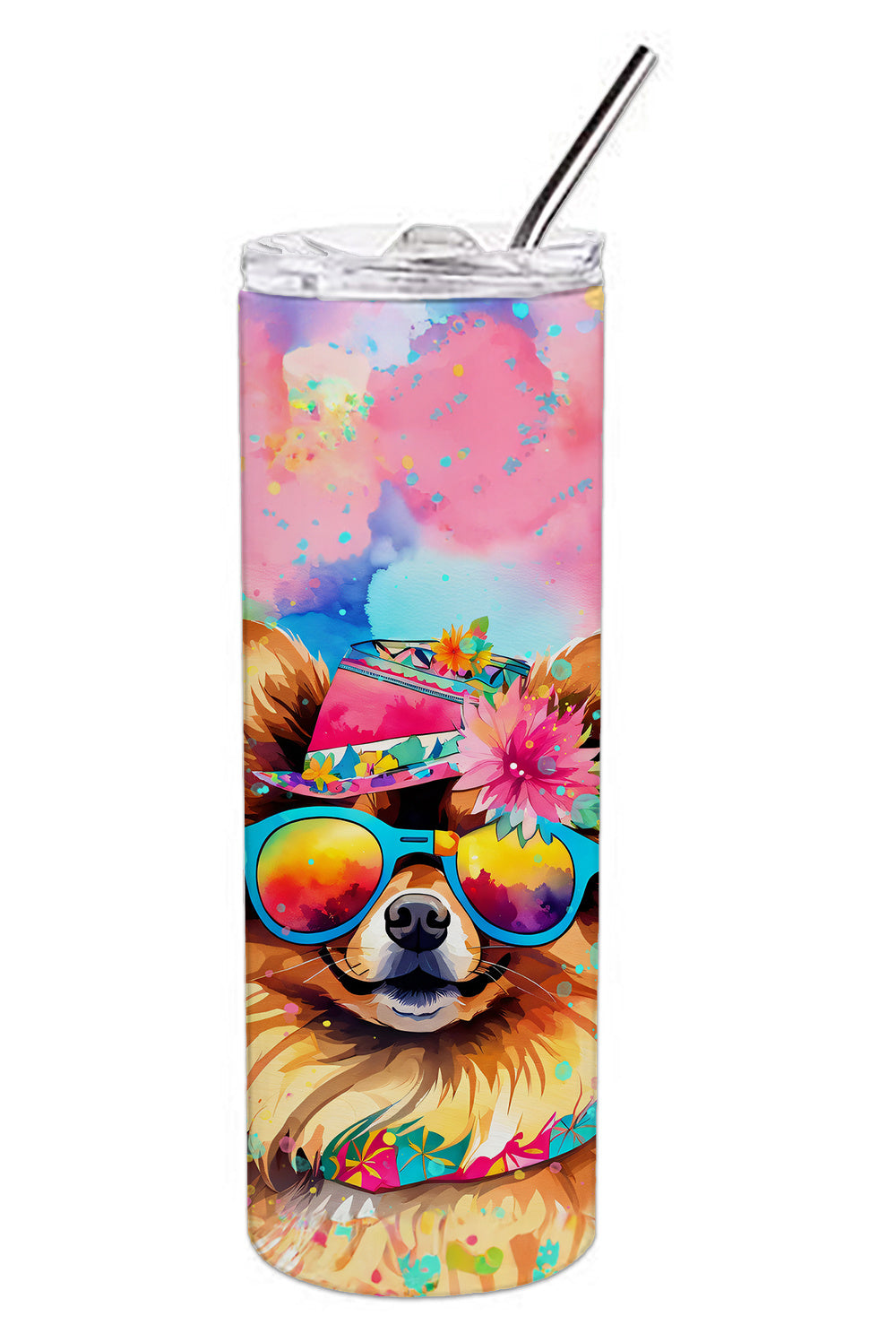Pomeranian Hippie Dawg Stainless Steel Skinny Tumbler Vacuum Double Walled Reusable Insulated Tumbler Travel Cup for Coffee Cocktails Gift with Lid, 20 oz - Renee Lane Company