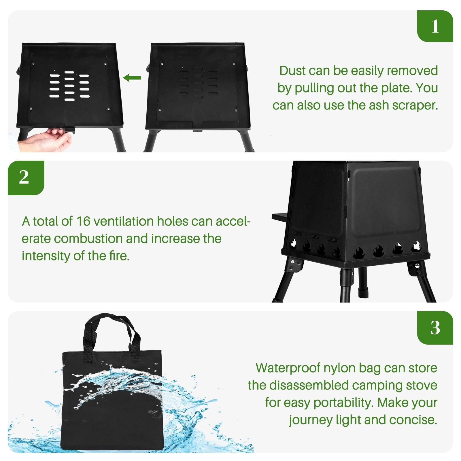 Portable Camping Stove with Detachable Iron Panels Black 27x27x34cm Lightweight Foldable Outdoor Wood Burning Fire Pit for Picnic BBQ Hiking Backpacking Compact Campfire Cooking Heater - Renee Lane Company