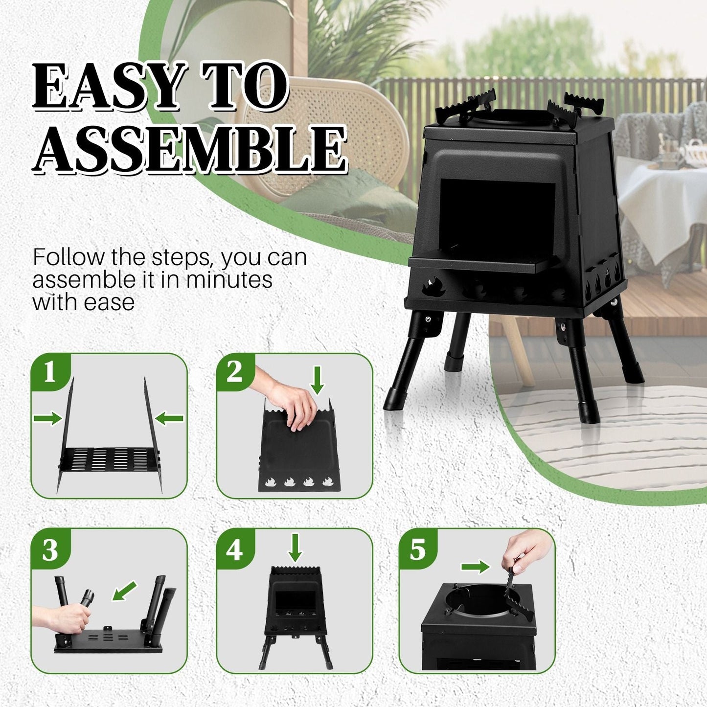 Portable Camping Stove with Detachable Iron Panels Black 27x27x34cm Lightweight Foldable Outdoor Wood Burning Fire Pit for Picnic BBQ Hiking Backpacking Compact Campfire Cooking Heater - Renee Lane Company