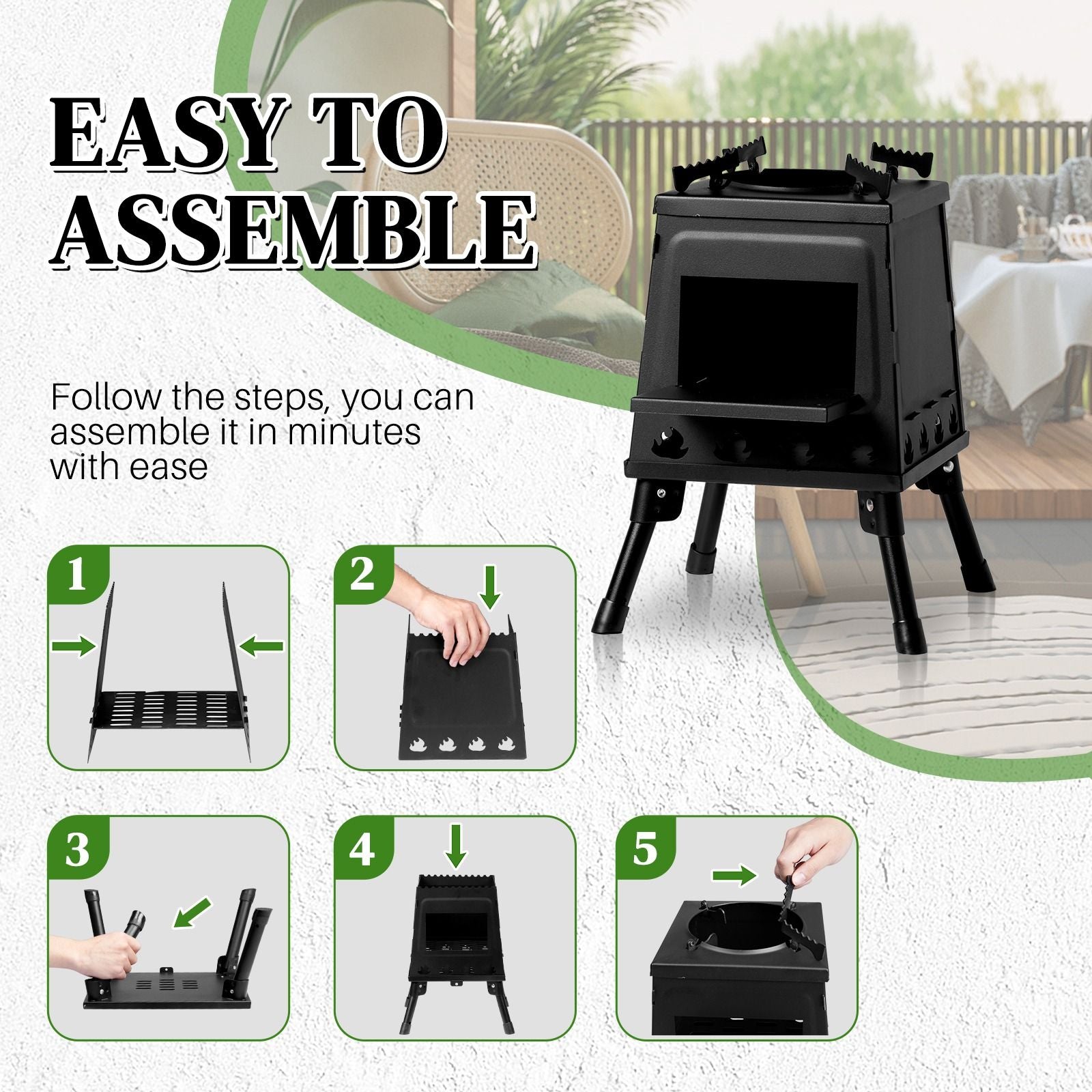 Portable Camping Stove with Detachable Iron Panels Black 27x27x34cm Lightweight Foldable Outdoor Wood Burning Fire Pit for Picnic BBQ Hiking Backpacking Compact Campfire Cooking Heater - Renee Lane Company