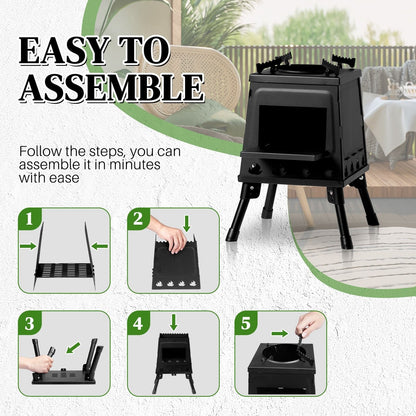 Portable Camping Stove with Detachable Iron Panels Black 27x27x34cm Lightweight Foldable Outdoor Wood Burning Fire Pit for Picnic BBQ Hiking Backpacking Compact Campfire Cooking Heater - Renee Lane Company