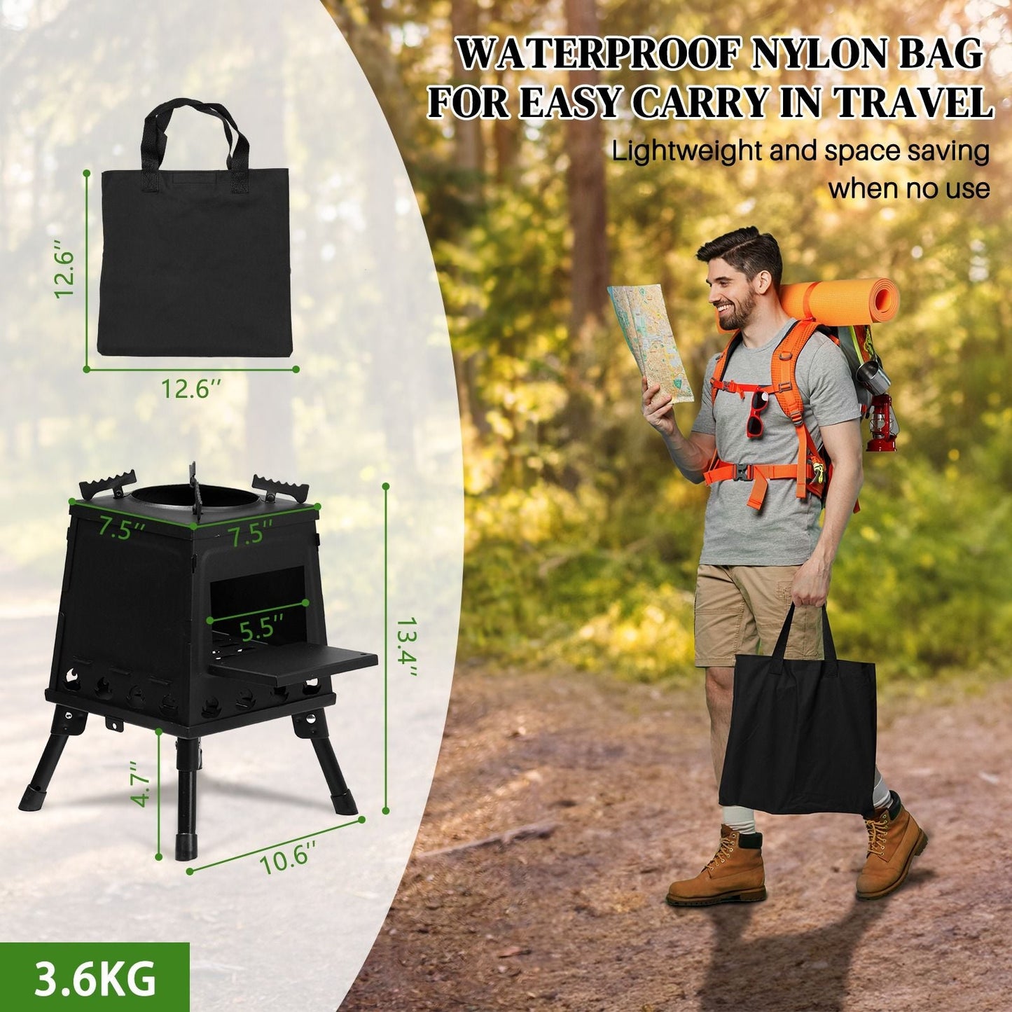 Portable Camping Stove with Detachable Iron Panels Black 27x27x34cm Lightweight Foldable Outdoor Wood Burning Fire Pit for Picnic BBQ Hiking Backpacking Compact Campfire Cooking Heater - Renee Lane Company