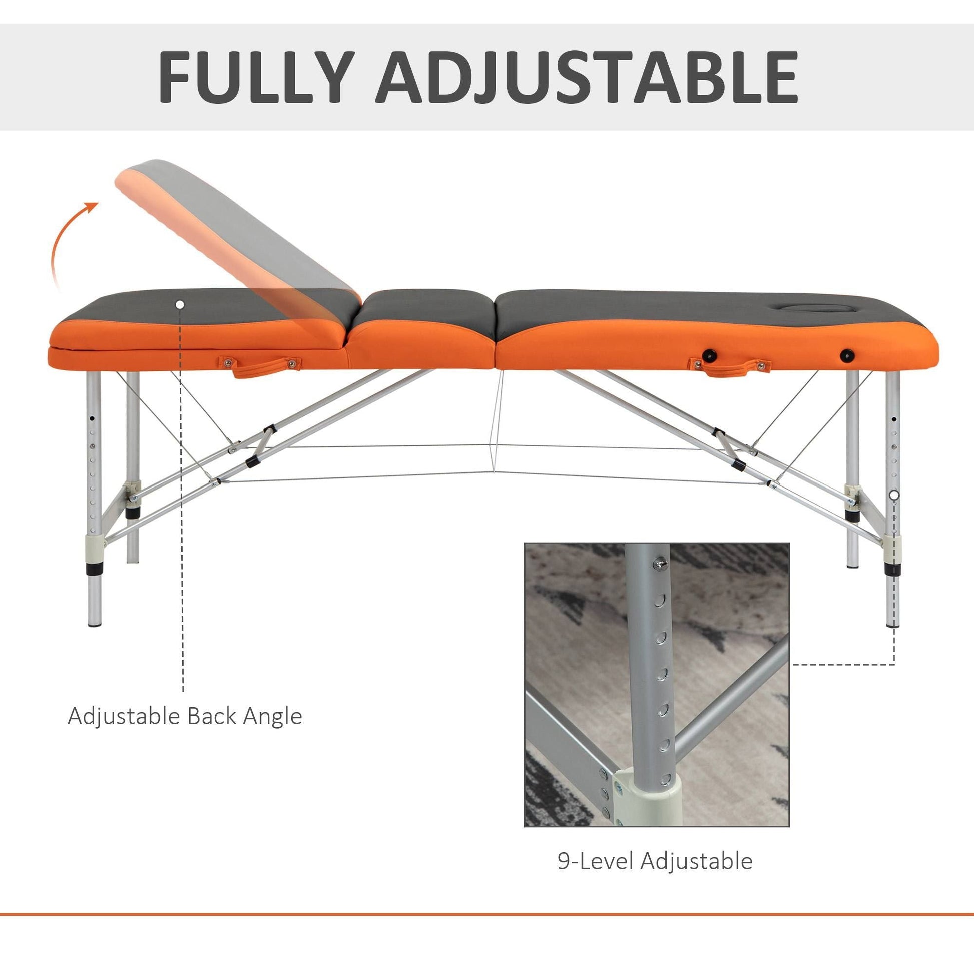 Portable Luxury: 73" 3 Section Foldable Salon Bed, Facial Couch in Black Orange for Spa Therapy Equipment - Renee Lane Company