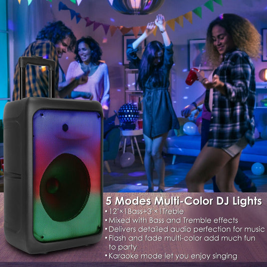Portable Wireless Party Speaker Party Speaker with with 5 Colorful Lighting Modes TWS FM USB MMC Slot Aux In Recording Mic Priority Trolley Handle 2 Wheels Remote Control - Renee Lane Company