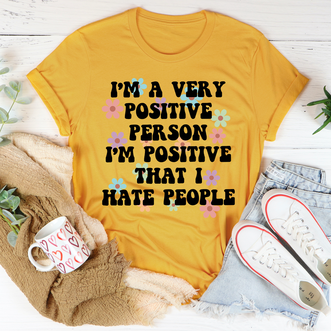 Mustard yellow crewneck t-shirt, front graphic text: 'positive person'
