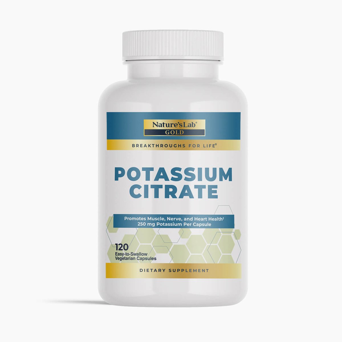 Potassium citrate dietary supplement bottle with ribbed white cap