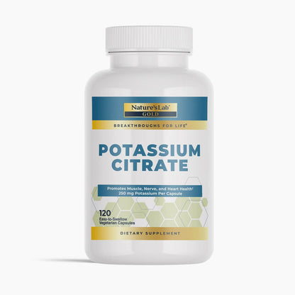 Potassium citrate dietary supplement bottle with ribbed white cap