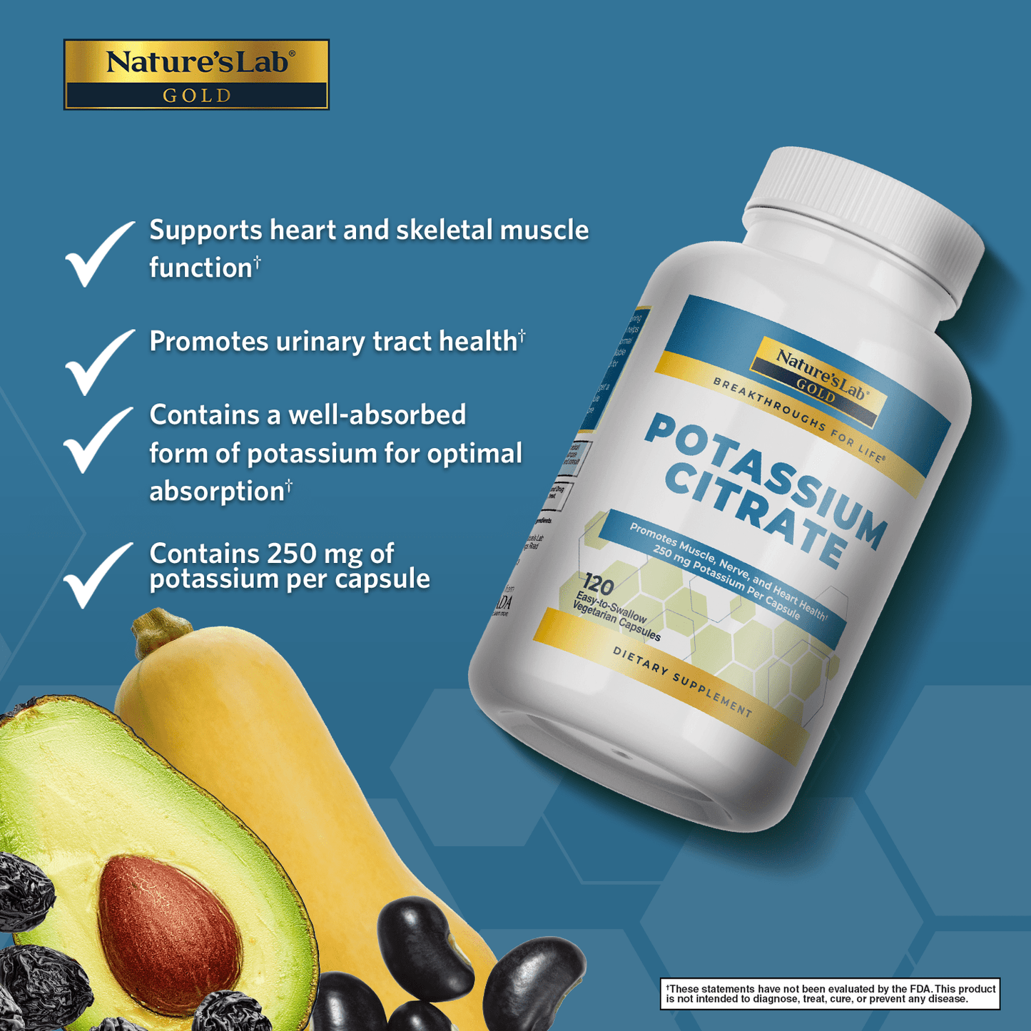 Potassium citrate supplement bottle angled with blue health-benefits panel