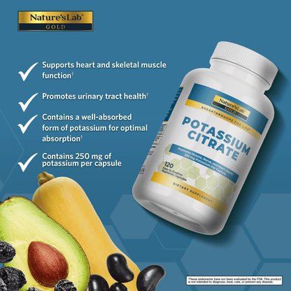 Potassium citrate supplement bottle angled with blue health-benefits panel