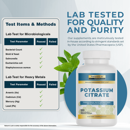 Potassium citrate supplement bottle beside lab test checklist for quality and purity