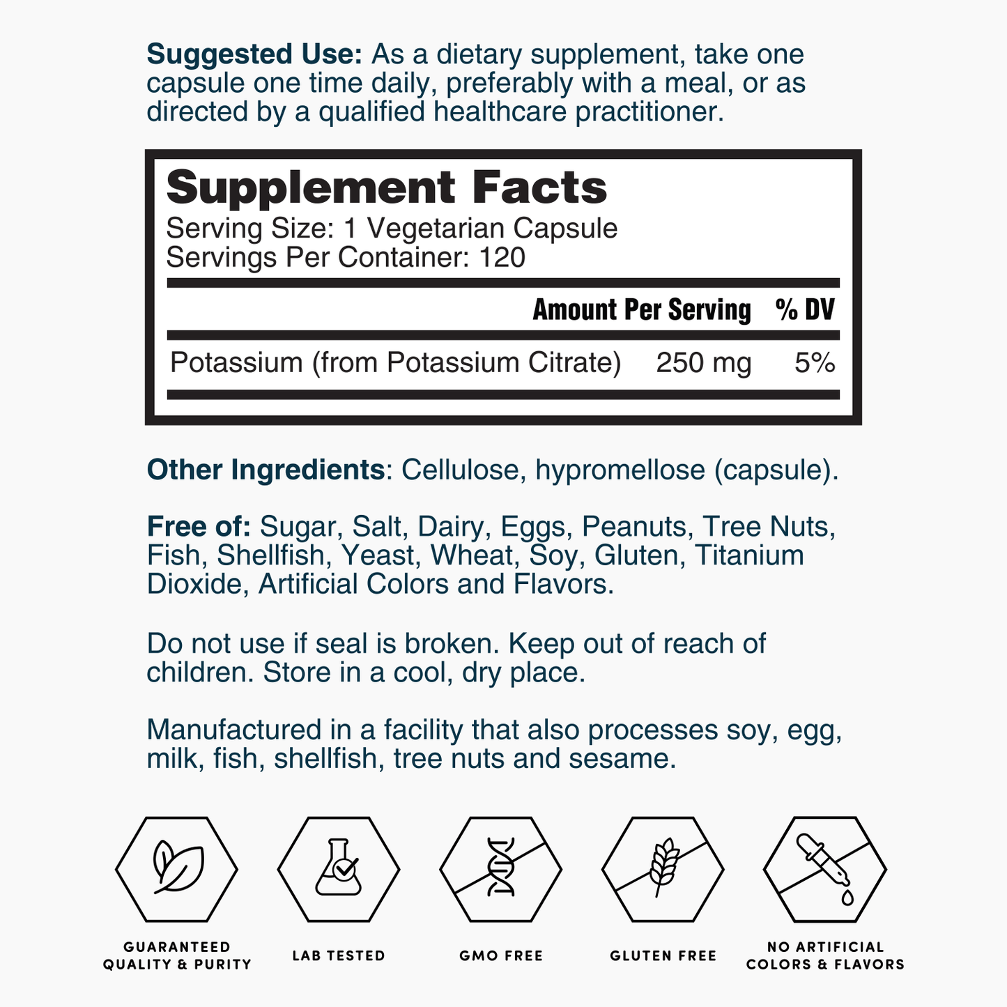 Supplement facts label for potassium citrate, 250 mg per vegetarian capsule