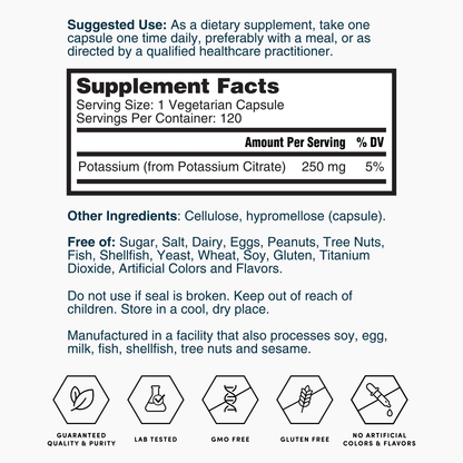 Supplement facts label for potassium citrate, 250 mg per vegetarian capsule