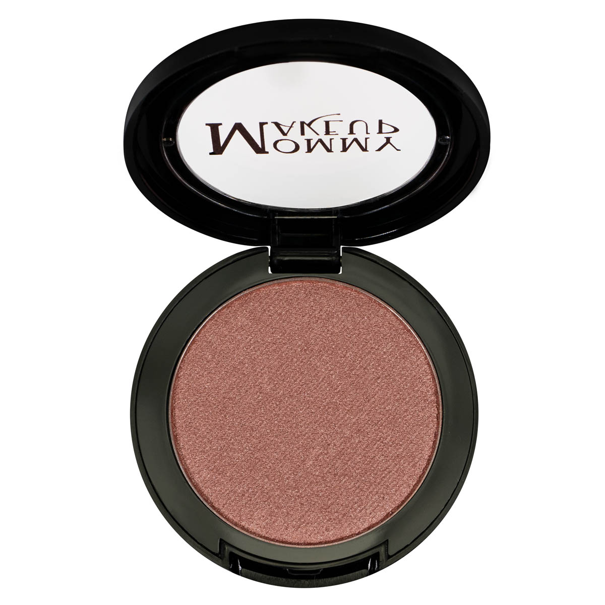 Powder makeup compact with rose-pink shimmer pressed powder in open case