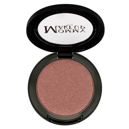 Powder makeup compact with rose-pink shimmer pressed powder in open case