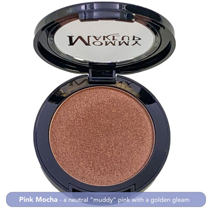 Shimmer makeup compact in rose-brown with gold sheen, open black case