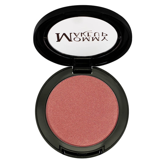 Eye and cheek powder compact with peach-tinted shimmer powder in open case