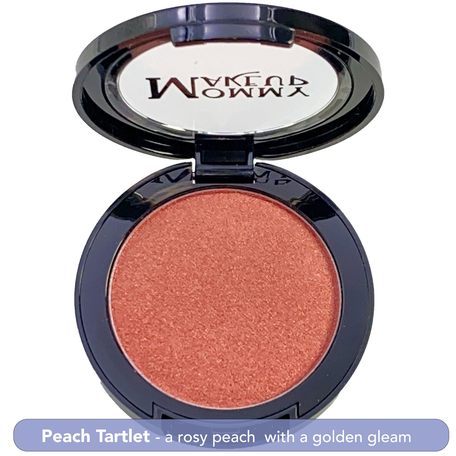 Shimmer makeup compact in peach coral with gold sheen, open black case