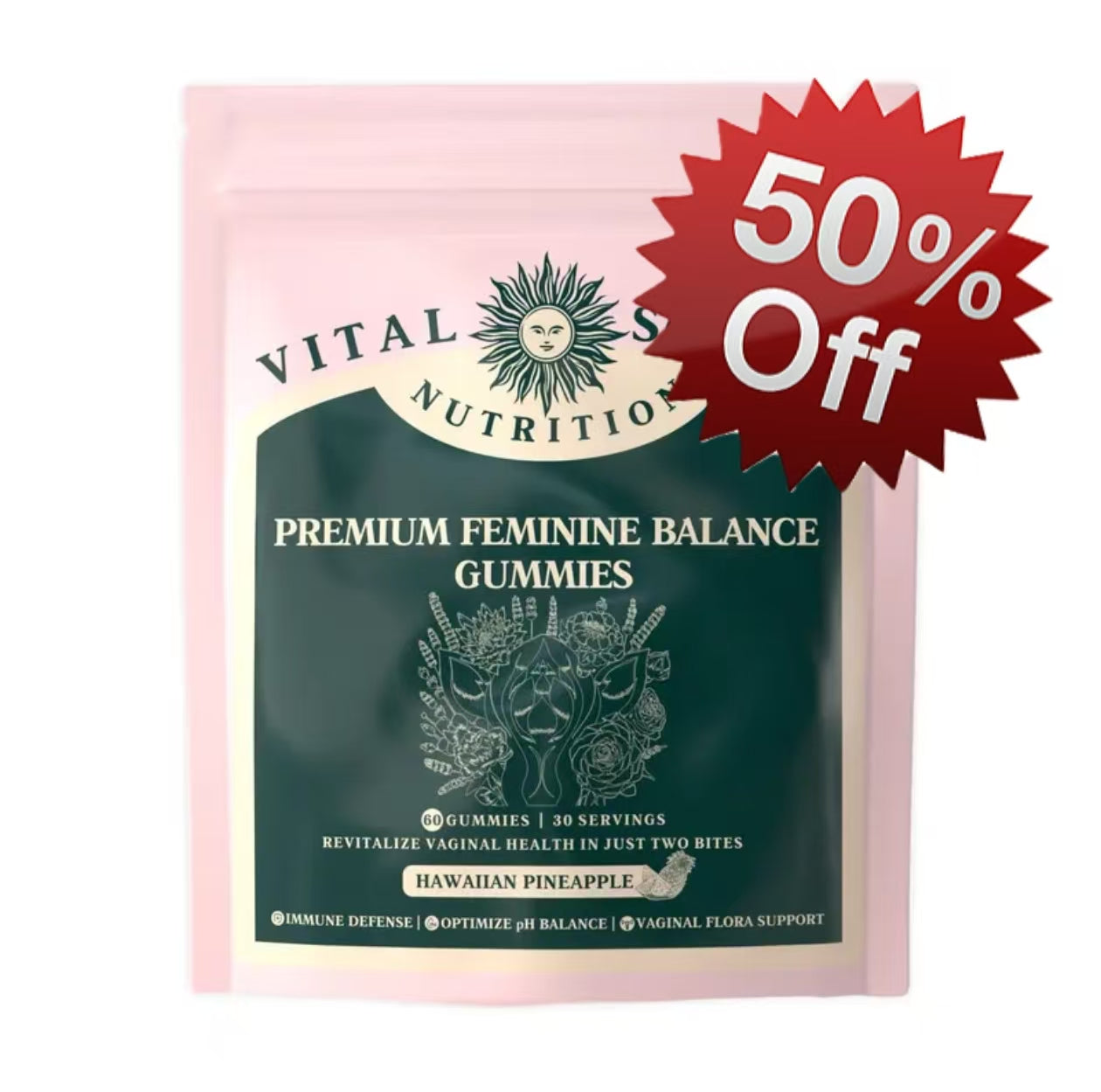 Premium Feminine Balance Gummies - for Women’s Health & Wellness - Immune Support - Vegan, Gluten-Free & Halal - Hawaiian Pineapple - 60 Gummies - 30 Servings - Renee Lane Company