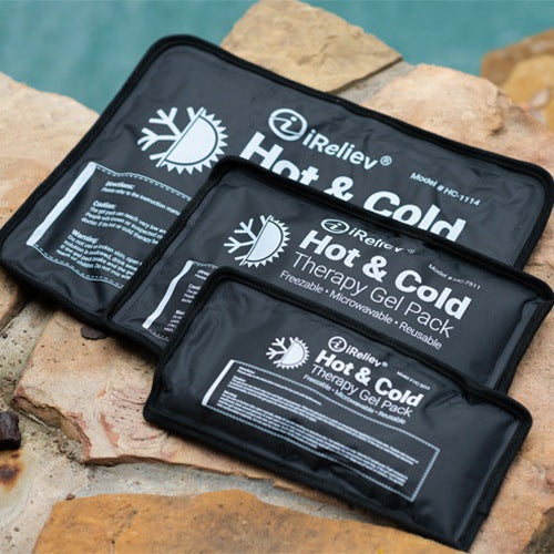 Hot and cold therapy gel pack set with black pouches and label panels