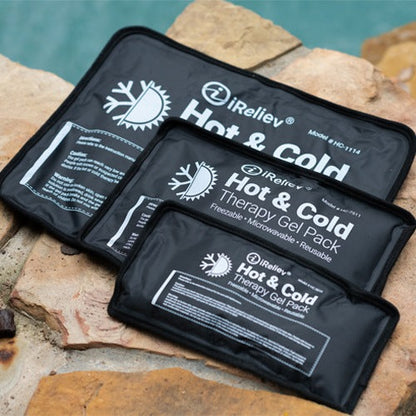 Hot and cold therapy gel pack set with black pouches and label panels