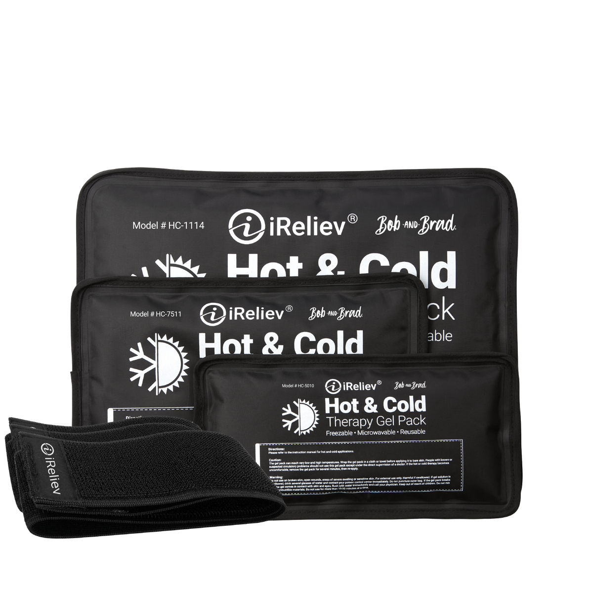 Hot and cold therapy gel pack set with black strap and stacked pouch covers