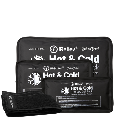 Hot and cold therapy gel pack set with black strap and stacked pouch covers