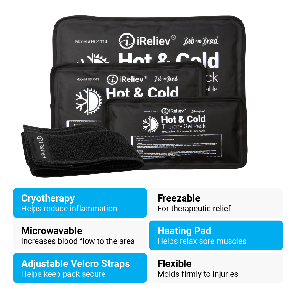 Folded hot and cold therapy gel pack set with Velcro straps, black pouches