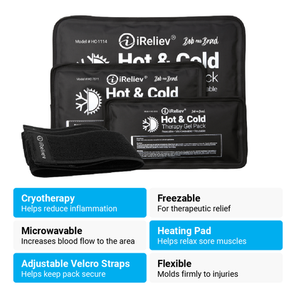 Folded hot and cold therapy gel pack set with Velcro straps, black pouches