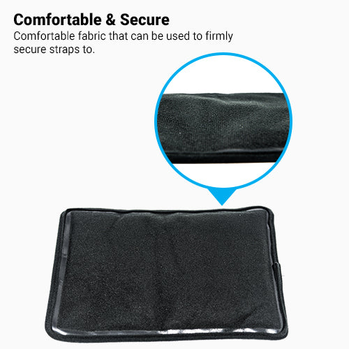 Black hot and cold therapy gel pack with textured fabric cover and strap