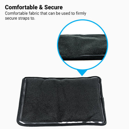 Black hot and cold therapy gel pack with textured fabric cover and strap