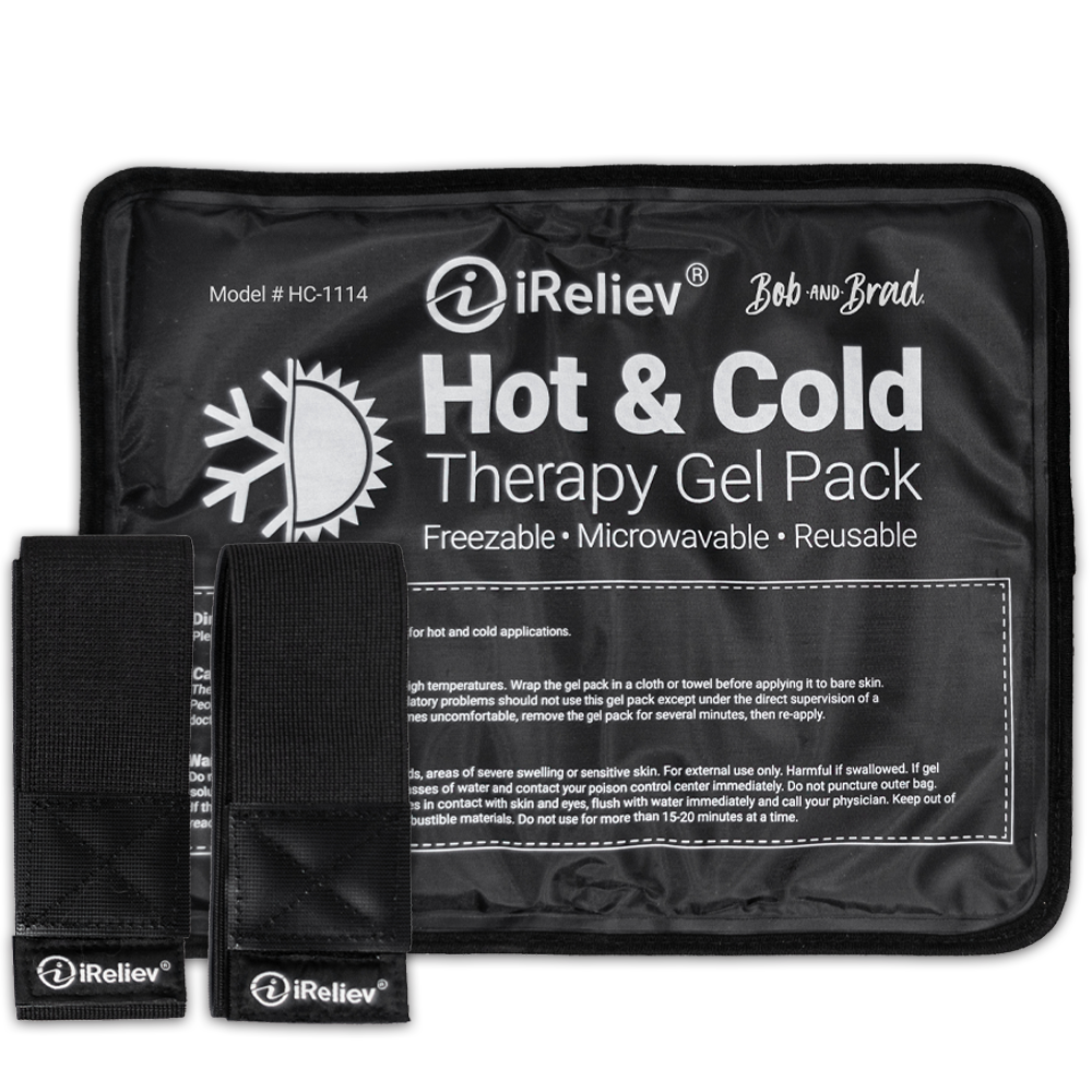 iReliev Hot & Cold Therapy Gel Pack, black with label and attached strap pieces