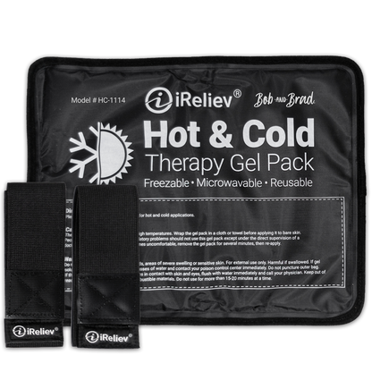 iReliev Hot & Cold Therapy Gel Pack, black with label and attached strap pieces