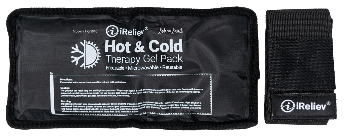 Reusable hot and cold therapy gel pack with securement strap, black fabric pouch